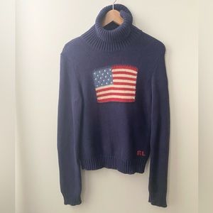 Polo Ralph Lauren Navy Blue American Flag Logo Turtleneck Sweater Size Large
